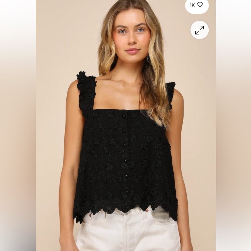 Cutest Weekend Black 3D Floral Embroidered Tie-Back Tank Top size small BNWT